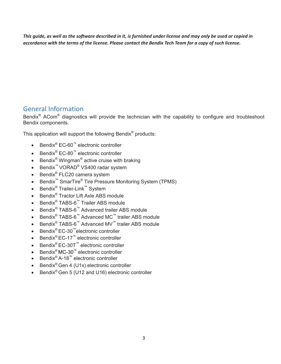 General information | Bendix Commercial Vehicle Systems ACom Diagnostics V.6.7 User Manual | Page 3 / 40