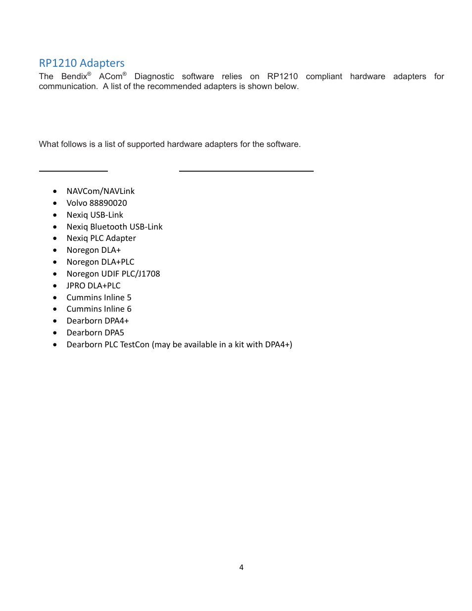 Rp1210 adapters | Bendix Commercial Vehicle Systems ACom Diagnostics V.6.7 User Manual | Page 4 / 40