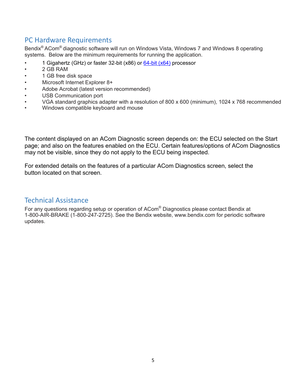 Pc hardware requirements, Technical assistance | Bendix Commercial Vehicle Systems ACom Diagnostics V.6.7 User Manual | Page 5 / 40