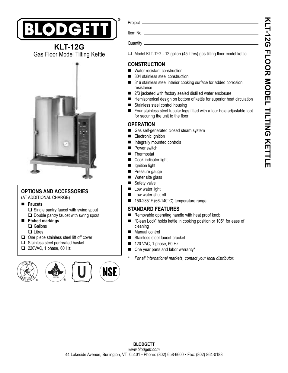 Blodgett KLT-12G User Manual | 2 pages