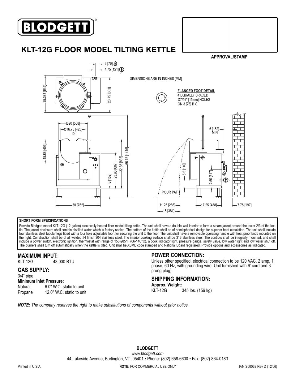Klt-12g floor model tilting kettle | Blodgett KLT-12G User Manual | Page 2 / 2