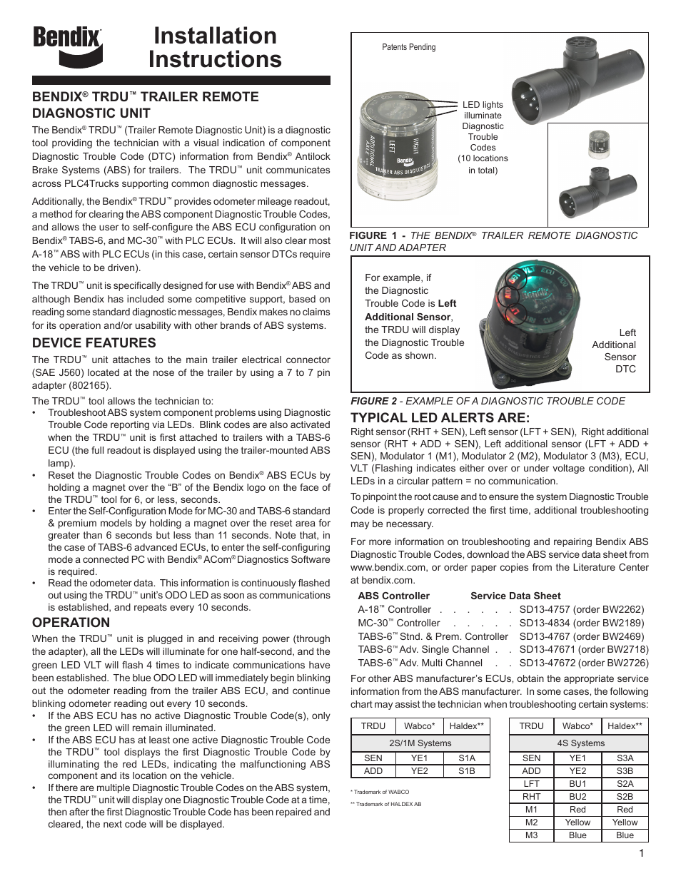 Bendix Commercial Vehicle Systems TRDU User Manual | 2 pages