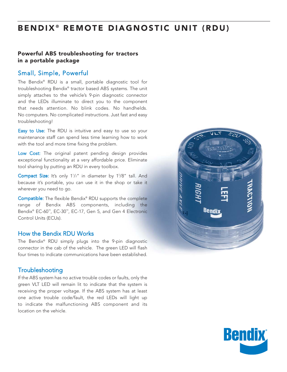 Bendix Commercial Vehicle Systems REMOTE DIAGNOSTIC UNIT User Manual | 2 pages