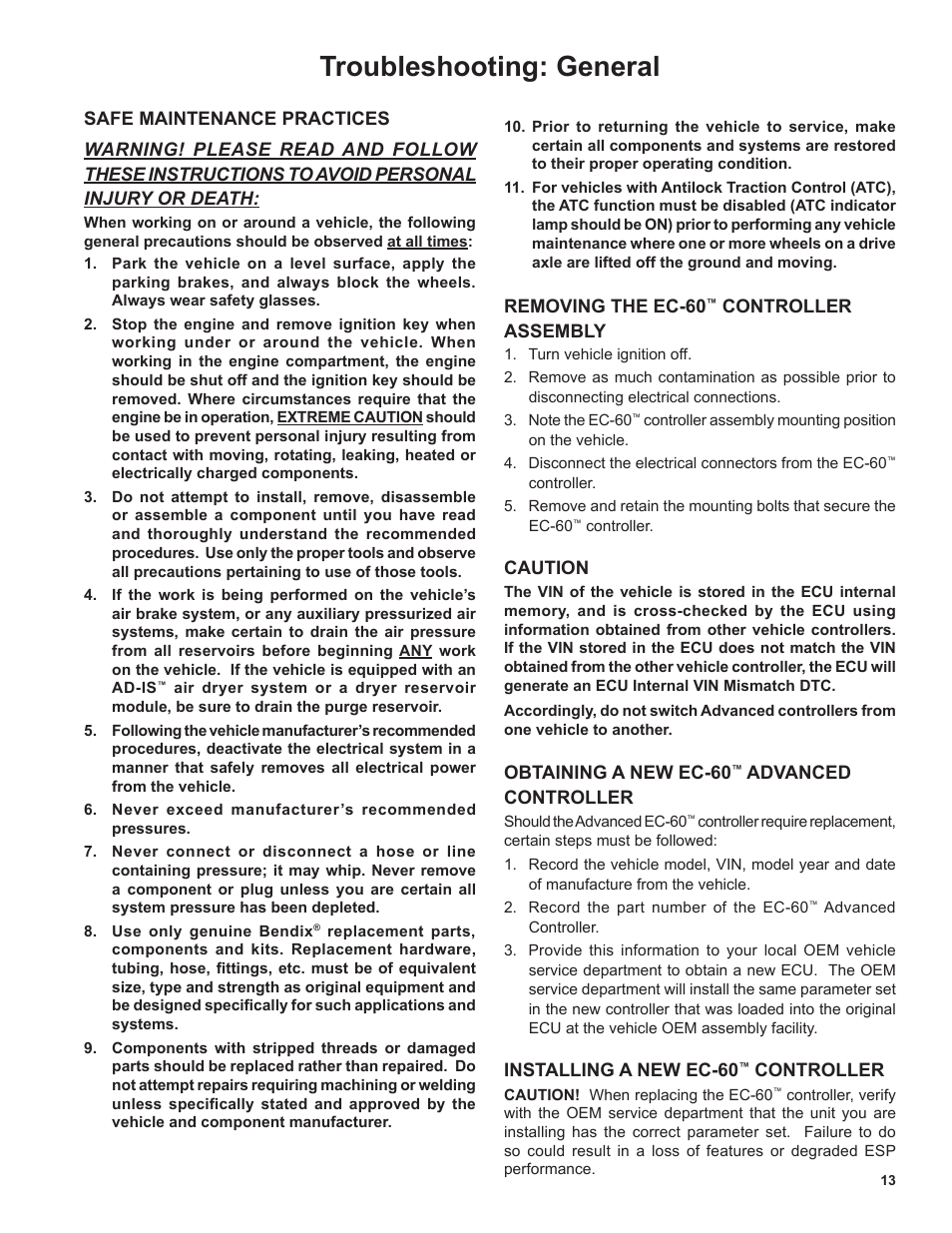 Troubleshooting: general | Bendix Commercial Vehicle Systems EC-60 ESP Controllers (Advanced Models) User Manual | Page 13 / 48