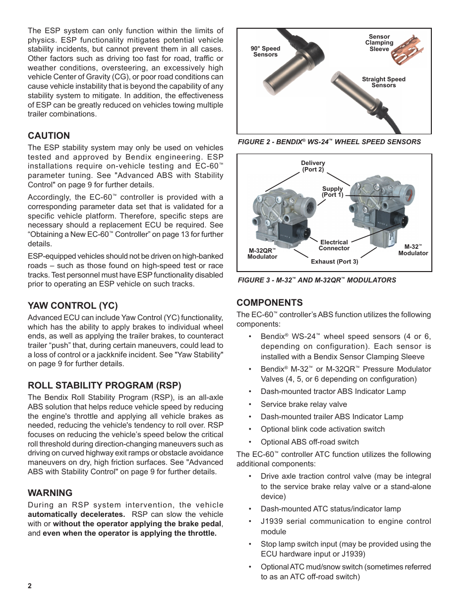 Caution, Yaw control (yc), Roll stability program (rsp) | Warning, Components | Bendix Commercial Vehicle Systems EC-60 ESP Controllers (Advanced Models) User Manual | Page 2 / 48