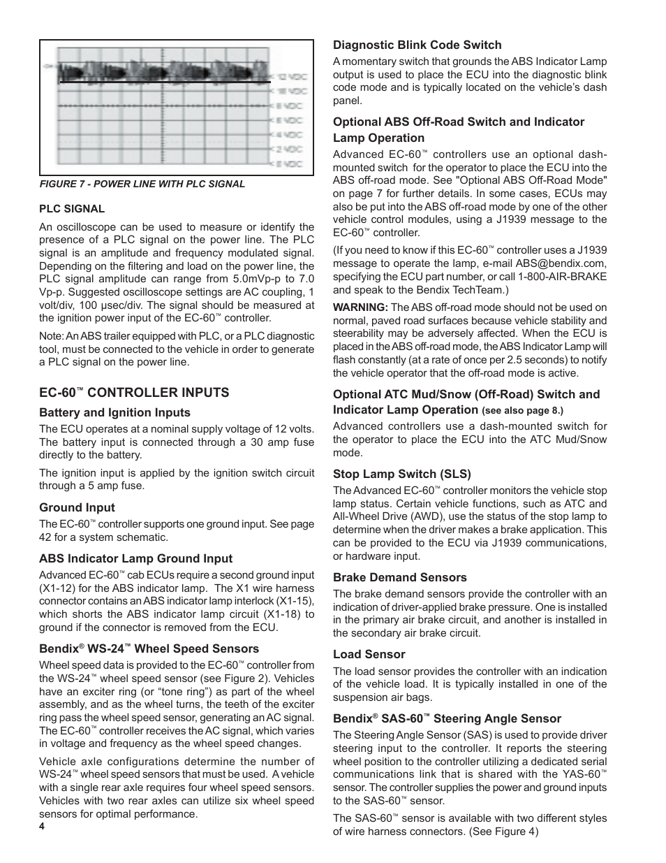 Ec-60, Controller inputs | Bendix Commercial Vehicle Systems EC-60 ESP Controllers (Advanced Models) User Manual | Page 4 / 48