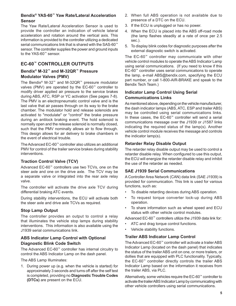 Ec-60, Controller outputs | Bendix Commercial Vehicle Systems EC-60 ESP Controllers (Advanced Models) User Manual | Page 5 / 48