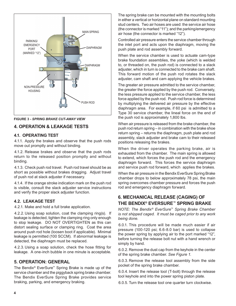 Operation & leakage tests, Operation: general, Mechanical release (caging) of the bendix | Eversure, Spring brake | Bendix Commercial Vehicle Systems EverSure Spring Brake with No Touch Technology User Manual | Page 4 / 8