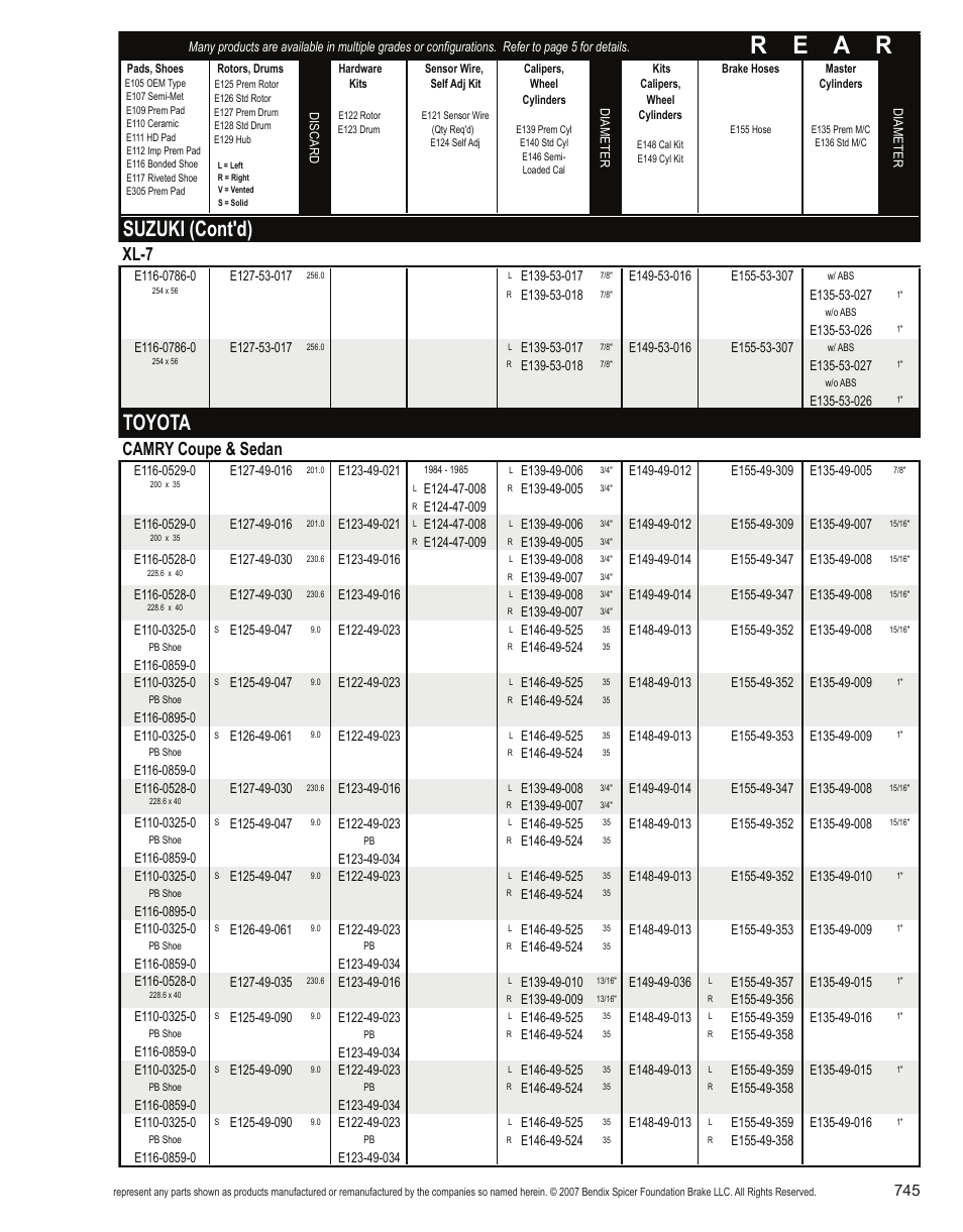 R e a r, Suzuki (cont'd), Toyota | Xl-7, Camry coupe & sedan | Bendix Commercial Vehicle Systems Light-Duty Vehicle User Manual | Page 721 / 760