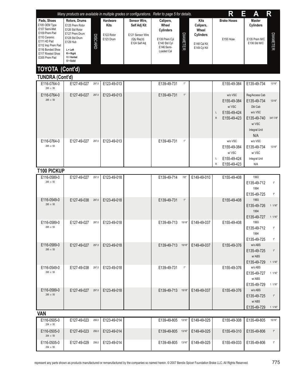 R e a r, Toyota (cont'd), Tundra (cont'd) | T100 pickup | Bendix Commercial Vehicle Systems Light-Duty Vehicle User Manual | Page 751 / 760