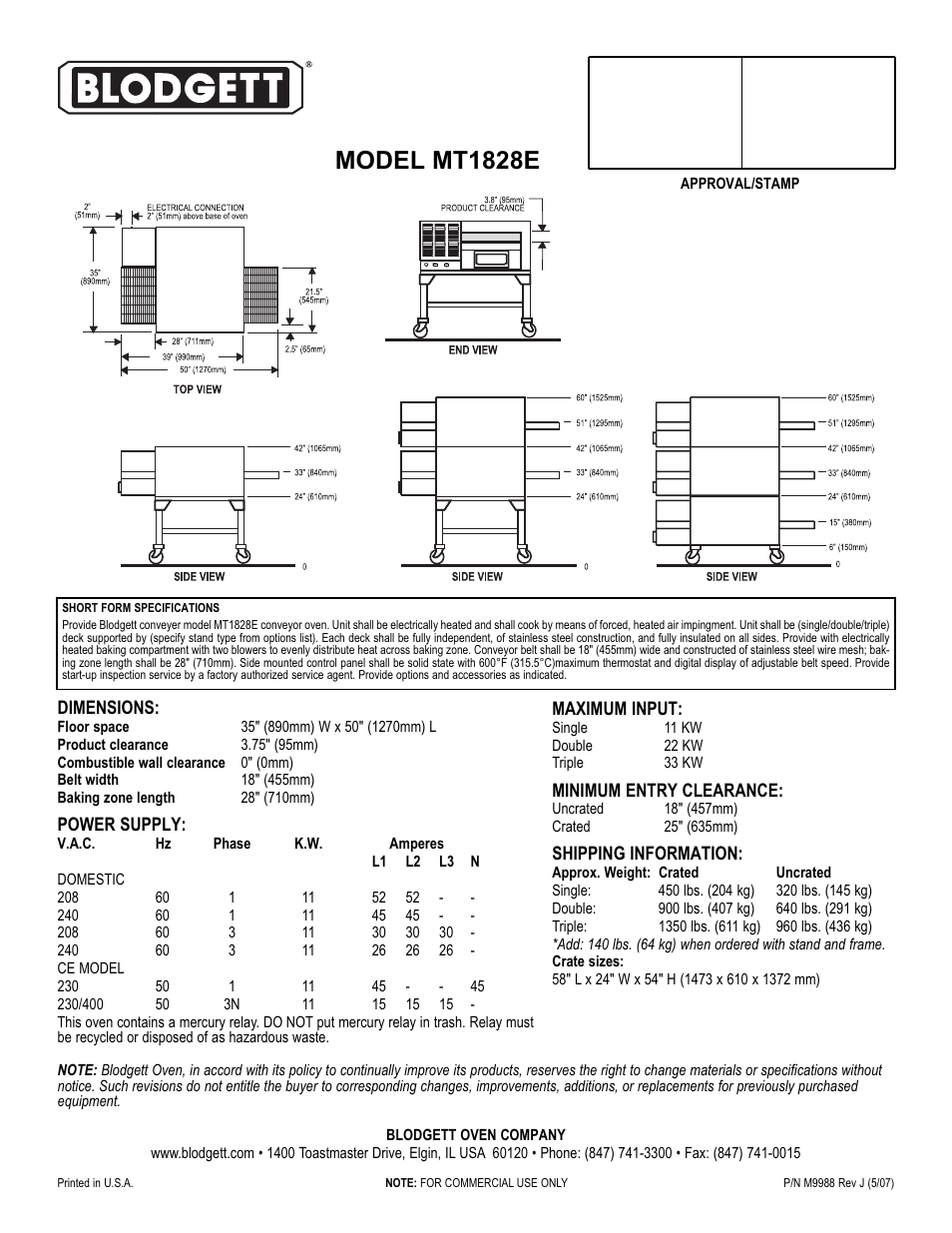 Model mt1828e | Blodgett ELECTRIC CONVEYOR OVEN MT1828E User Manual | Page 2 / 2