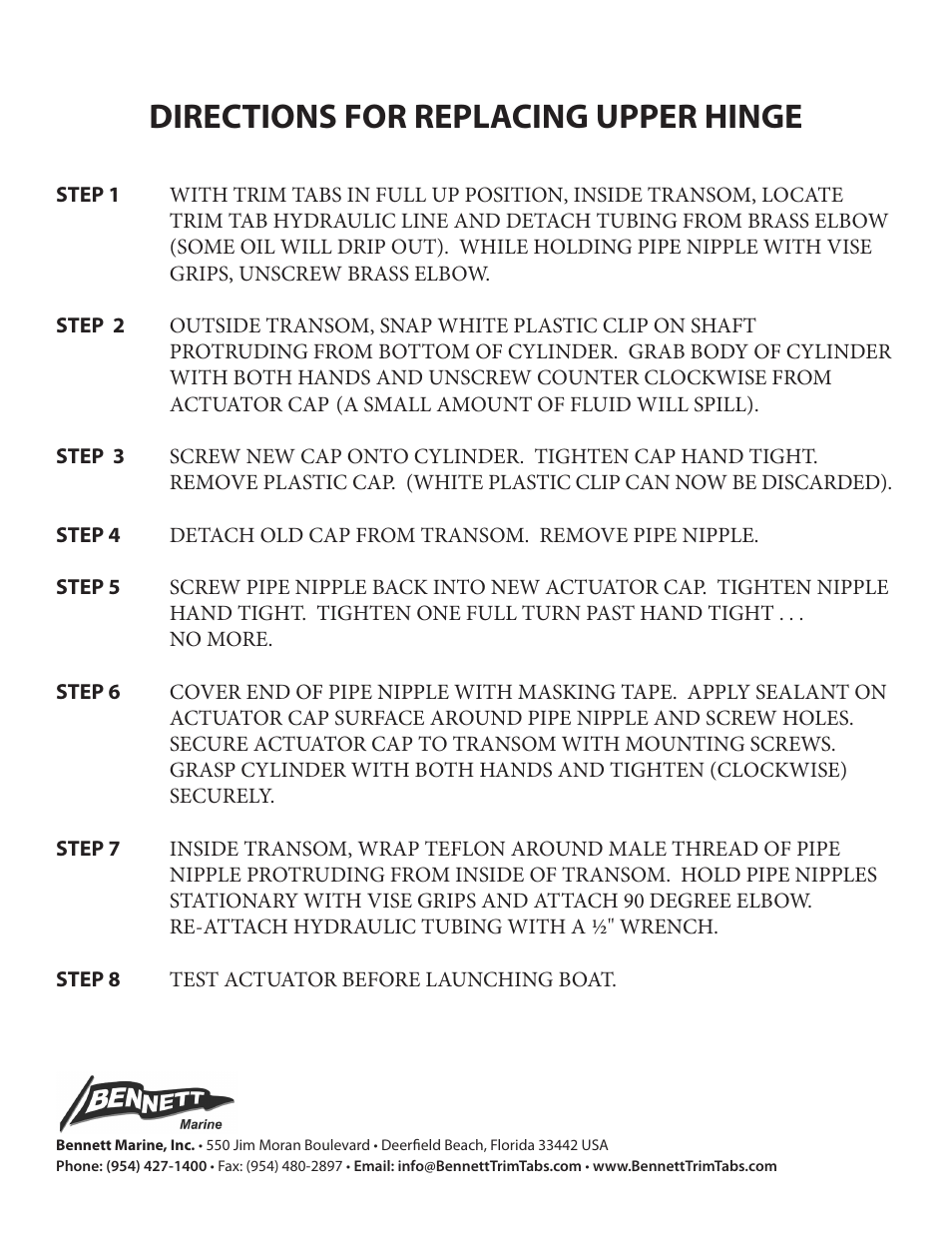 Bennett Marine Actuator Upper Hinge User Manual | 1 page