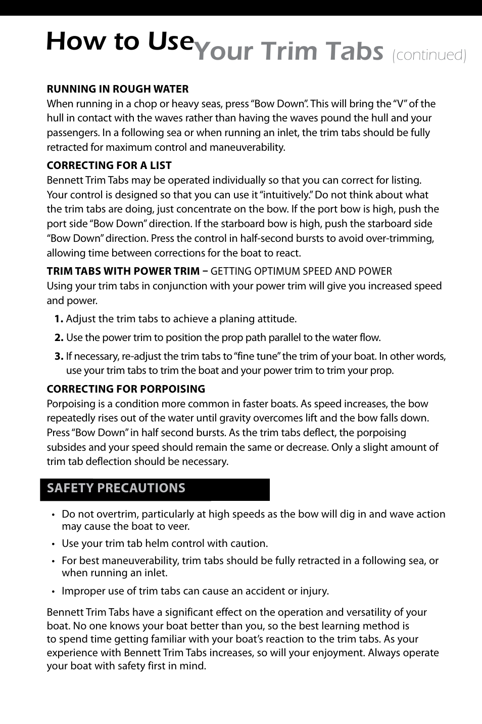 How to use your trim tabs, Continued) | Bennett Marine Tournament Tab Kits Owners Manual User Manual | Page 4 / 12