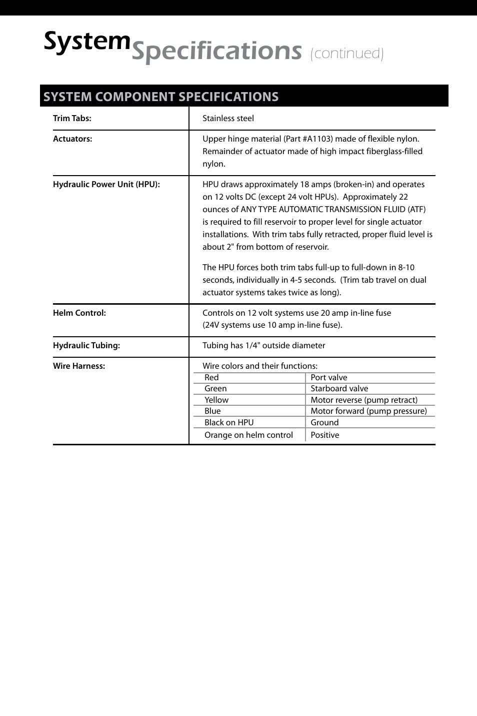 System specifications, Continued), System component specifications | Bennett Marine Tournament Tab Kits Owners Manual User Manual | Page 6 / 12