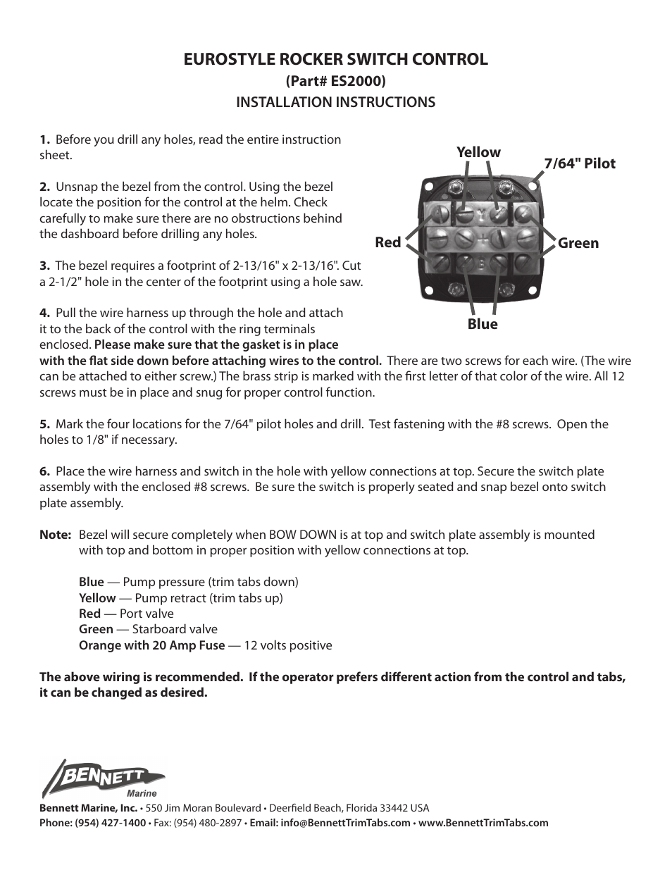Bennett Marine ES2000 Euro-Style Rocker Switch Control User Manual | 1 page