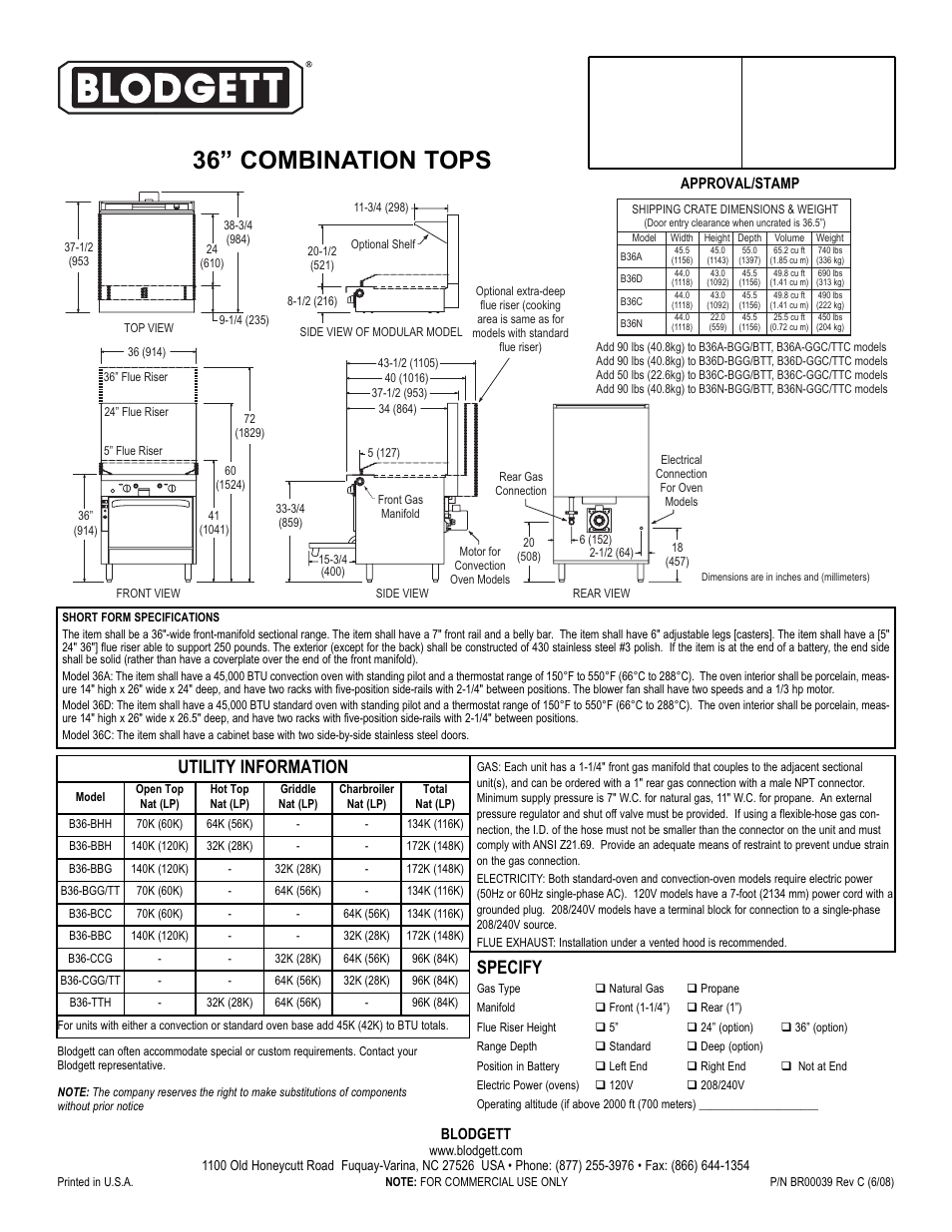 36” combination tops, Specify, Utility information | Blodgett, Approval/stamp | Blodgett B36-COMBOS User Manual | Page 2 / 2