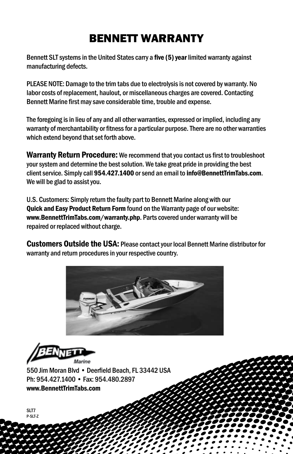 Bennett warranty, Warranty return procedure, Customers outside the usa | Bennett Marine SLT Self-Leveling Tabs User Manual | Page 8 / 8