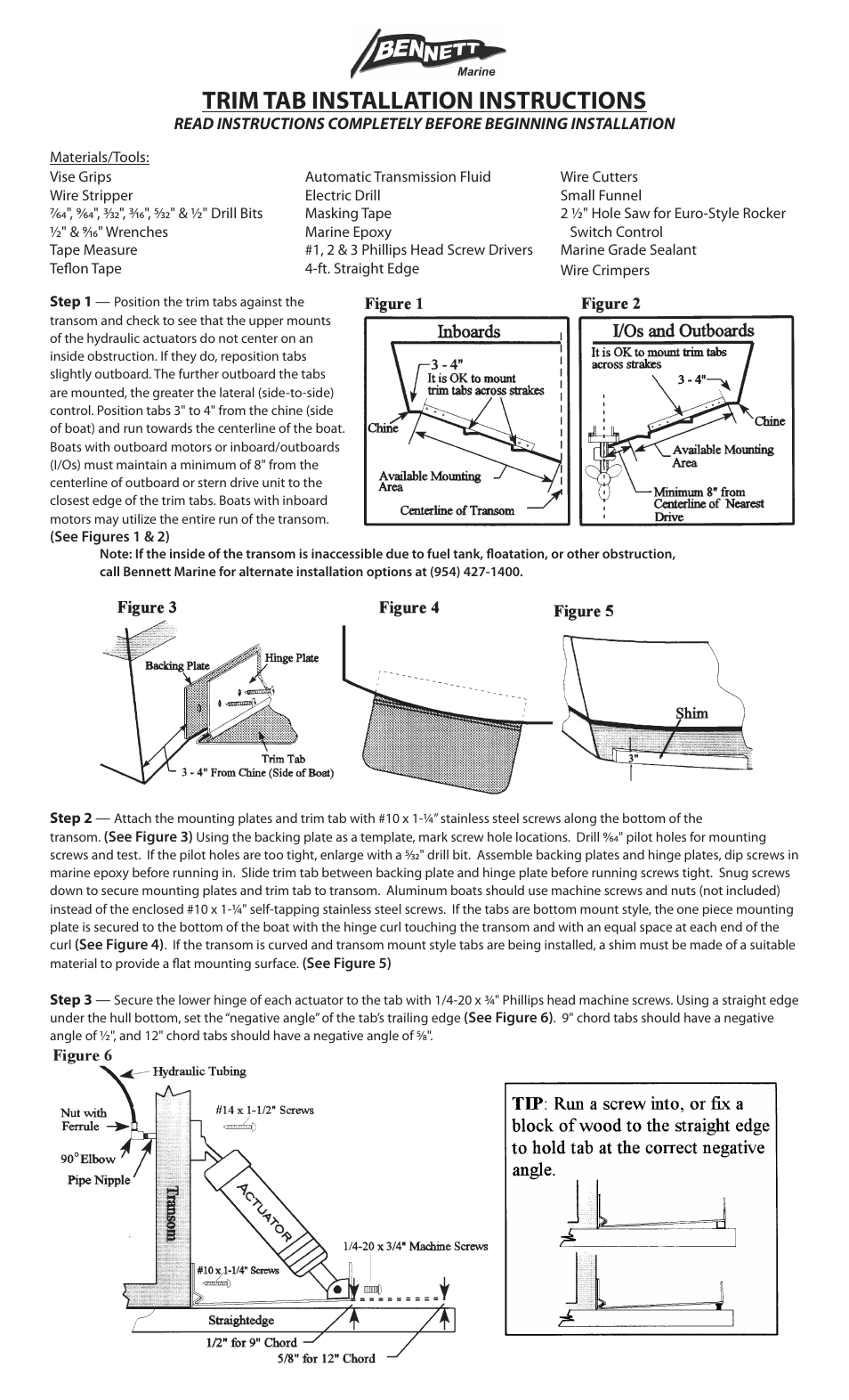 Bennett Marine Standard Trim Tab Kits - No Control Installation Instructions User Manual | 2 pages