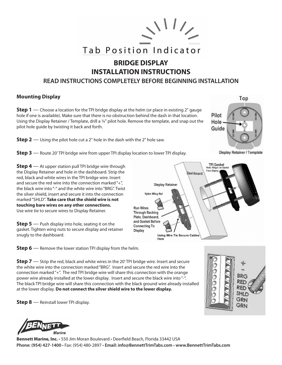Tpi_bridge_install, Bridge display installation instructions | Bennett Marine Tab Position Indicator User Manual | Page 3 / 3