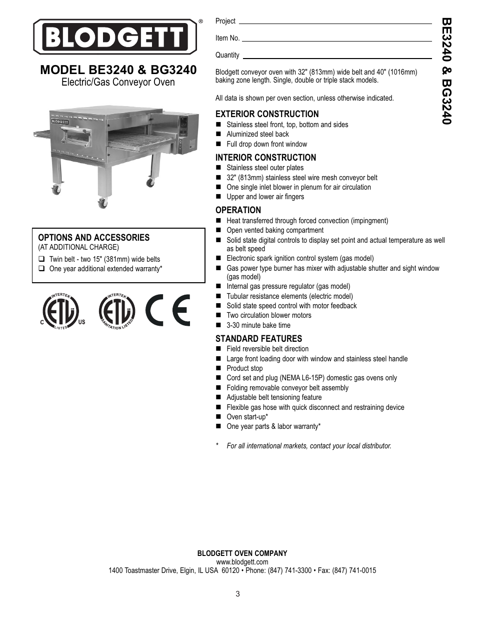 Specification sheet, Electric/gas conveyor oven | Blodgett BG3240 User Manual | Page 3 / 36
