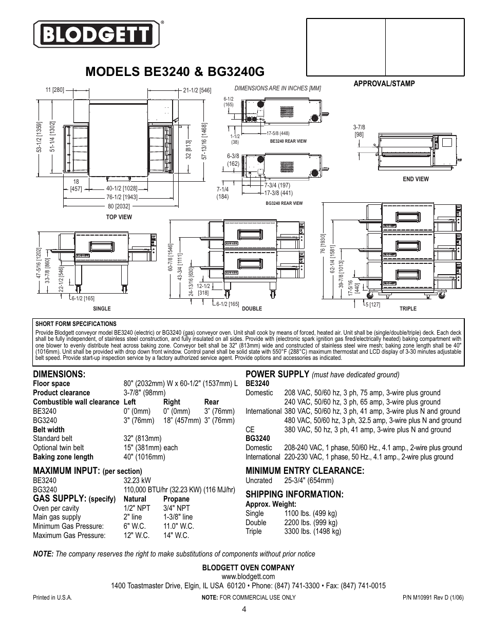 Power supply, Minimum entry clearance, Shipping information | Dimensions, Maximum input, Gas supply | Blodgett BG3240 User Manual | Page 4 / 36