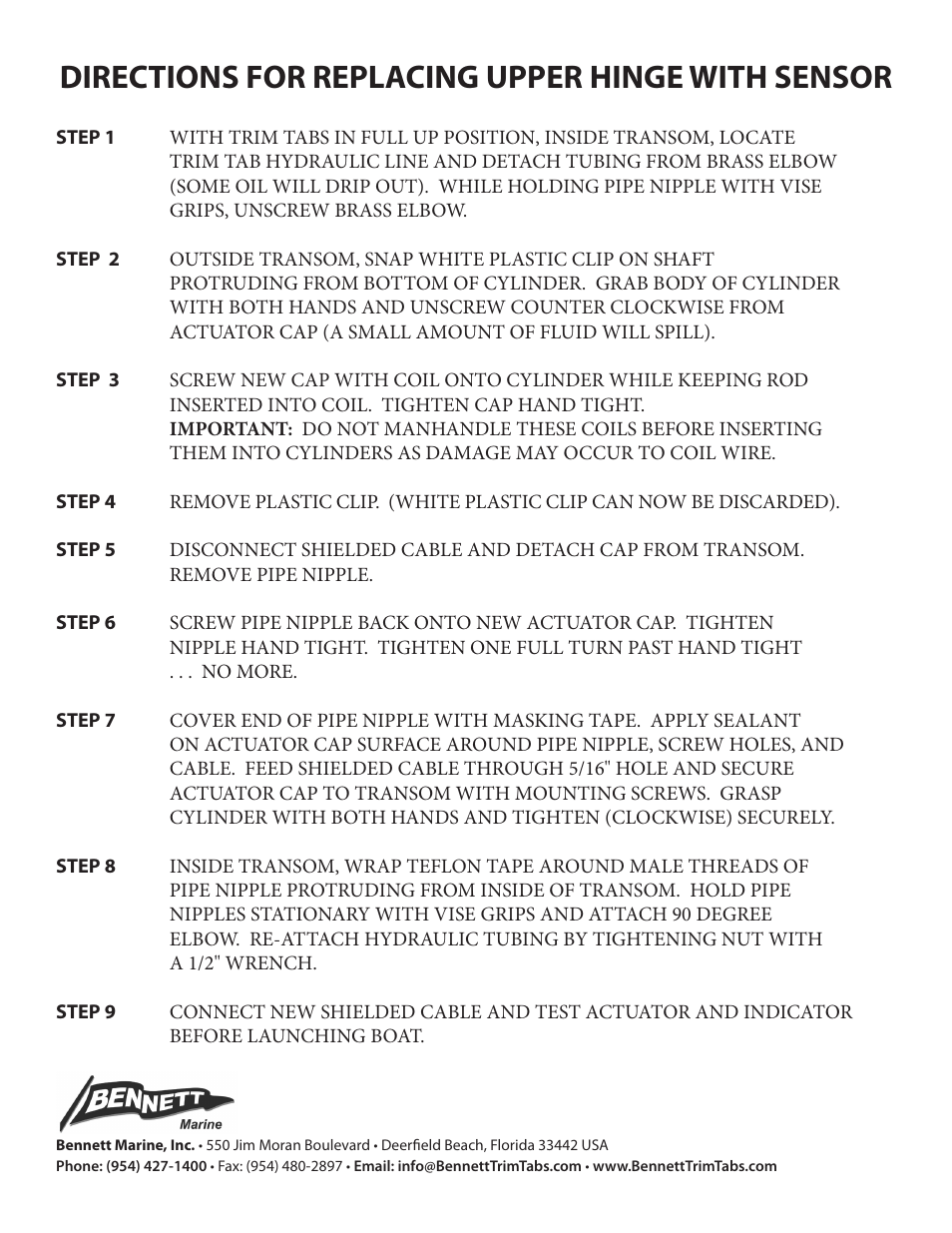 Bennett Marine Upper Hinge with Coil - Starboard User Manual | 1 page