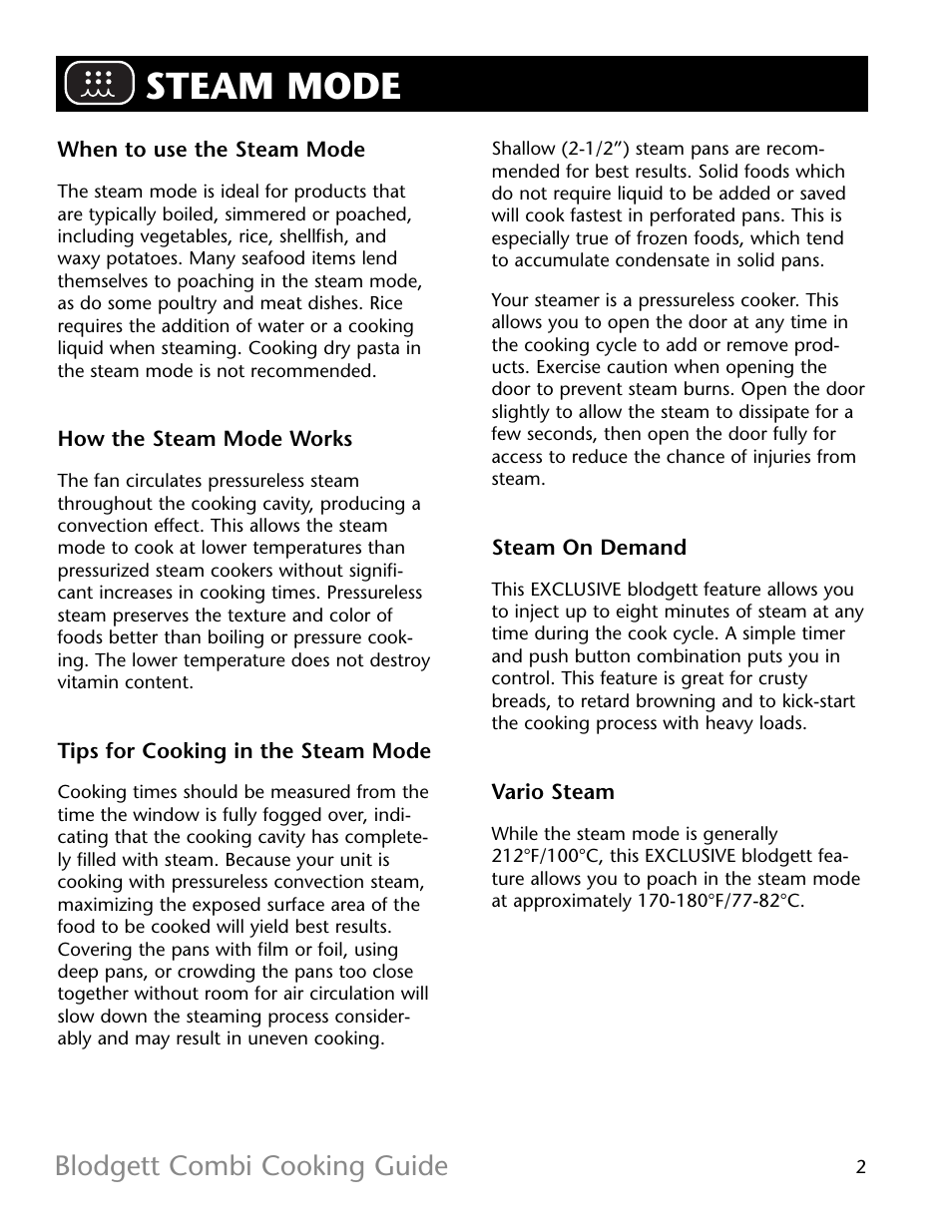 Steam mode, Blodgett combi cooking guide | Blodgett R11021 User Manual | Page 3 / 17