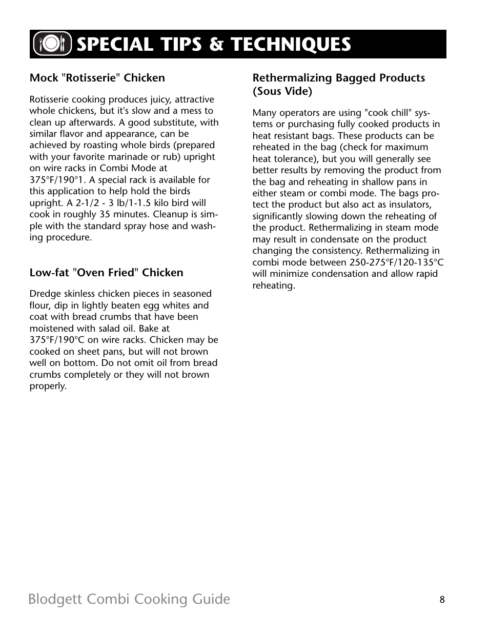 Special tips & techniques, Blodgett combi cooking guide | Blodgett R11021 User Manual | Page 9 / 17