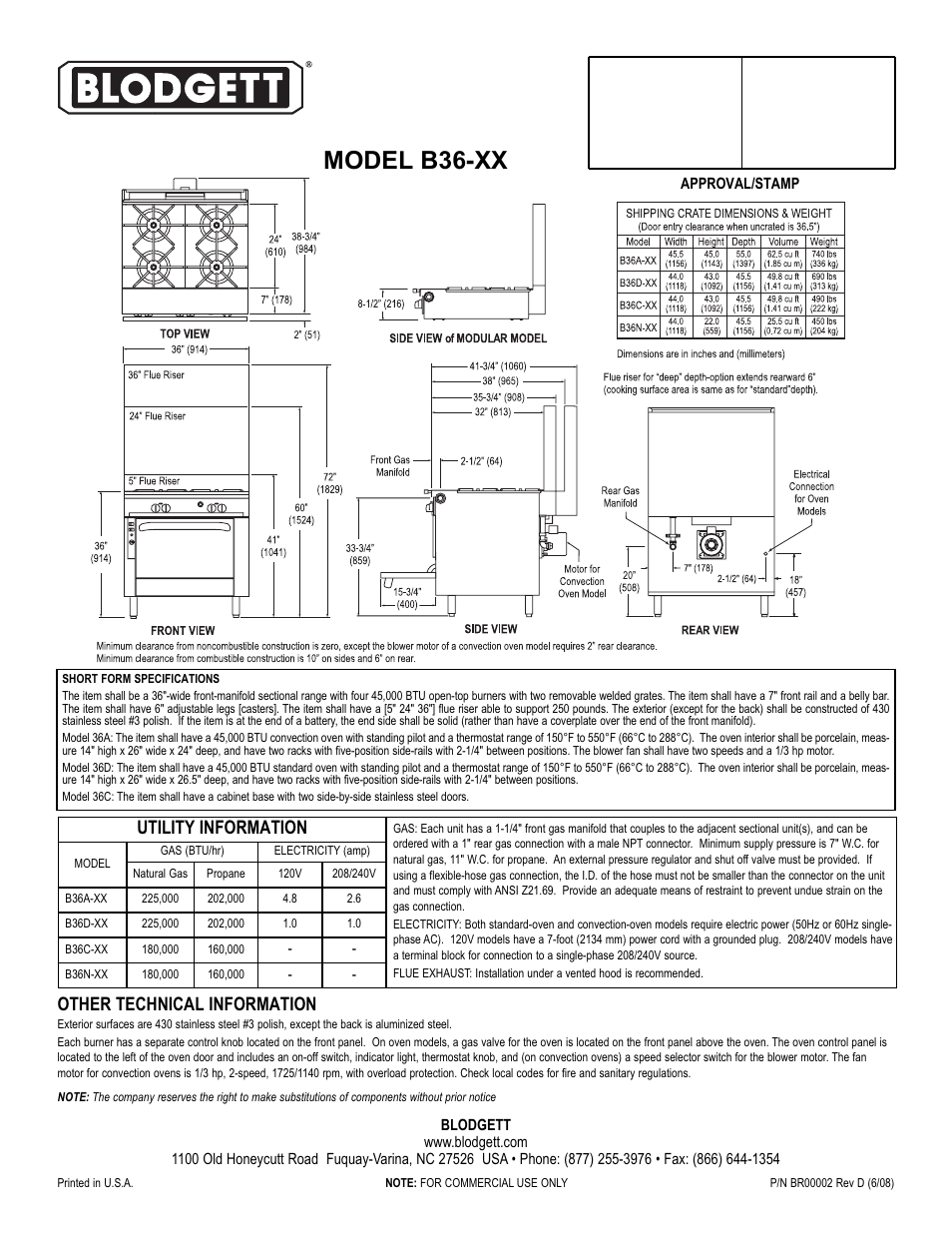 Model b36-xx, Other technical information, Utility information | Blodgett B36-XX User Manual | Page 2 / 2