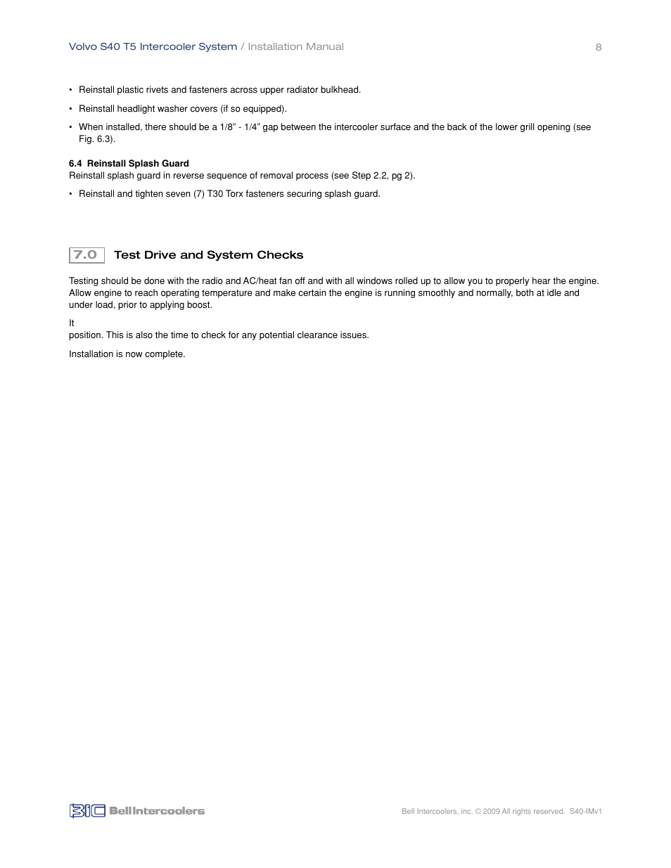 BIC Volvo S40 T5 Front Mount Intercooler System User Manual | Page 10 / 10