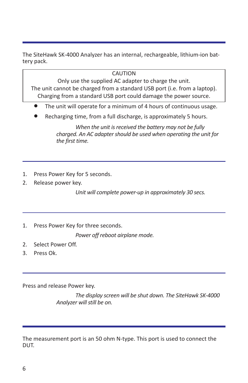 Power, Powering on, Powering off | Sleep mode, Measurement port, Powering on powering off sleep mode | Bird Technologies SK-4000-TC-Manual User Manual | Page 18 / 56
