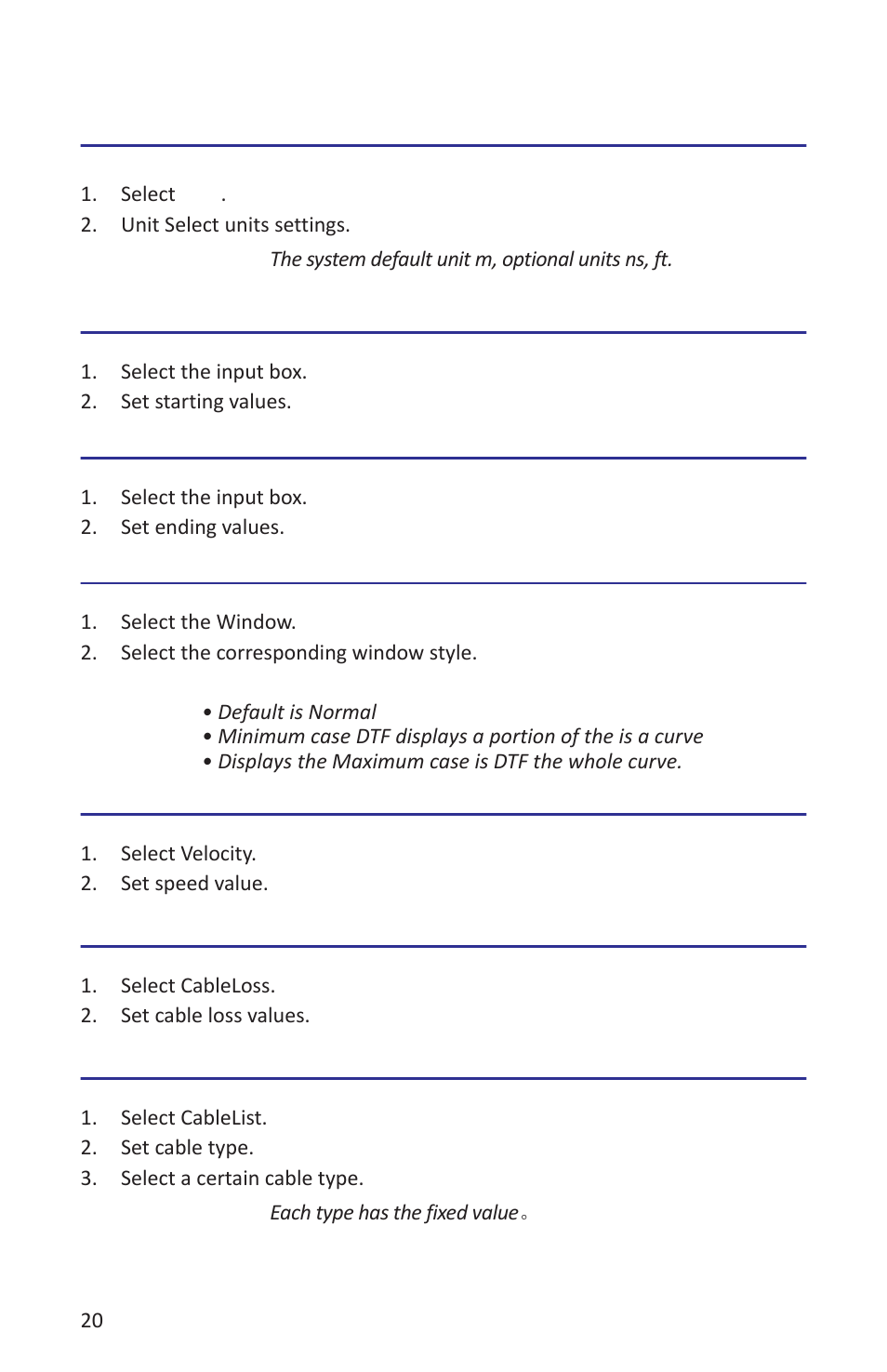 Distance unit, Start distance, End distance | Windows, Velocity, Cable loss, Cable list | Bird Technologies SK-4000-TC-Manual User Manual | Page 32 / 56