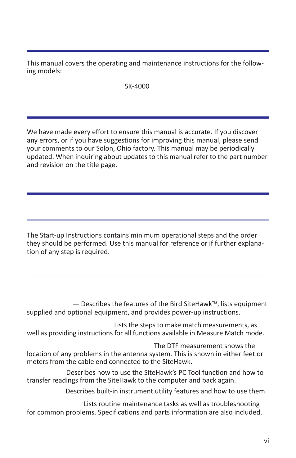 Changes to this manual, Literature contents, Start-up instructions | Operations manuals, Chapter layout, About this manual | Bird Technologies SK-4000-TC-Manual User Manual | Page 7 / 56