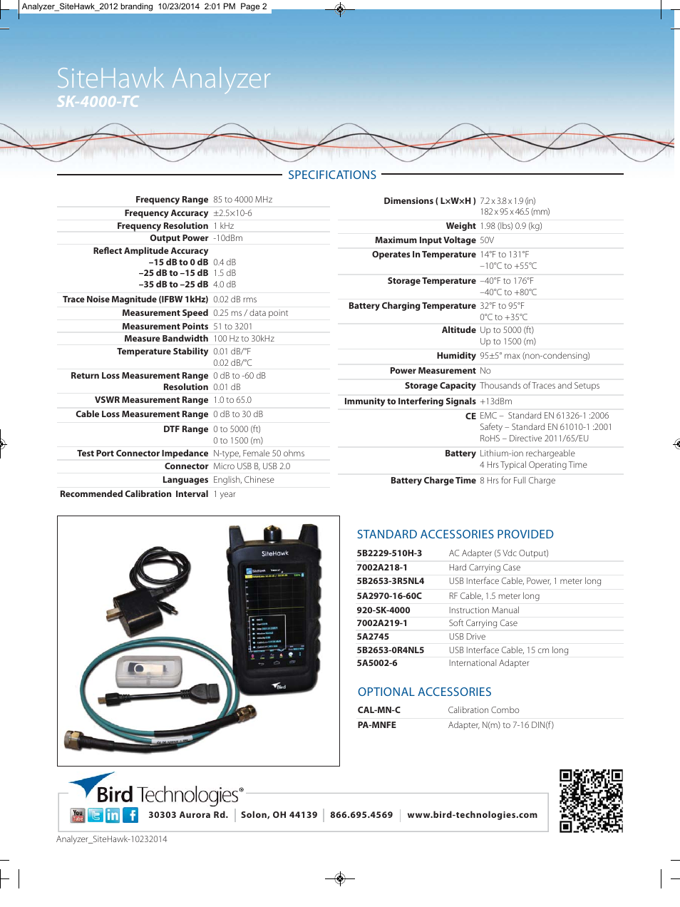 Sitehawk analyzer, Sk-4000-tc | Bird Technologies SK-4000-TC-Datasheet User Manual | Page 2 / 2