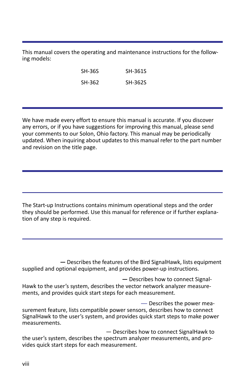 Changes to this manual, Literature contents, Start-up instructions | Operations manuals, Chapter layout, About this manual | Bird Technologies SH-362S-Manual User Manual | Page 10 / 206