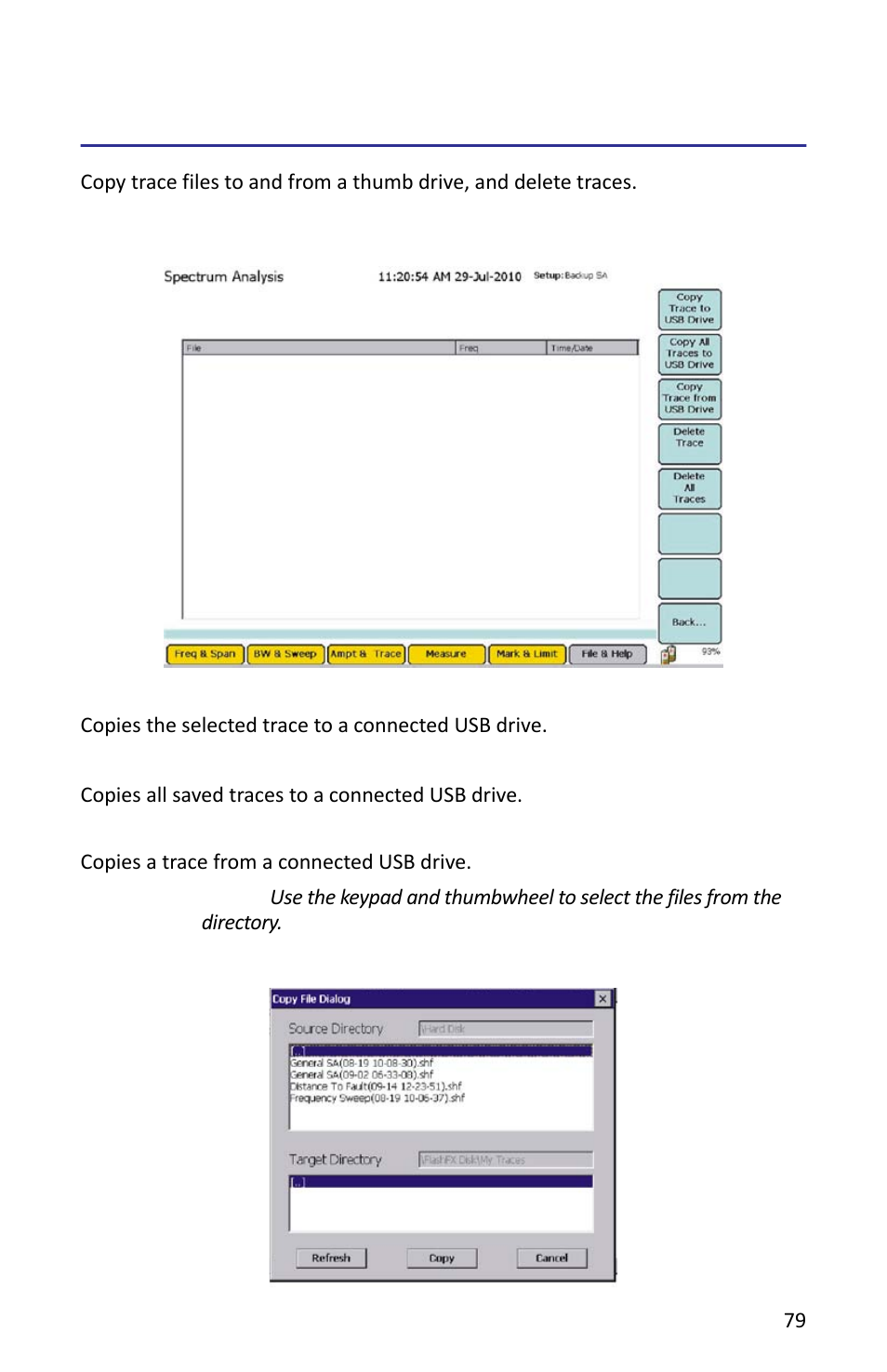 Manage trace files, Figure 62 example, manage trace files, Copy trace to usb drive | Copy all traces to usb drive, Copy trace from usb drive, Figure 63 example, copy trace from a usb drive | Bird Technologies SH-362S-Manual User Manual | Page 101 / 206