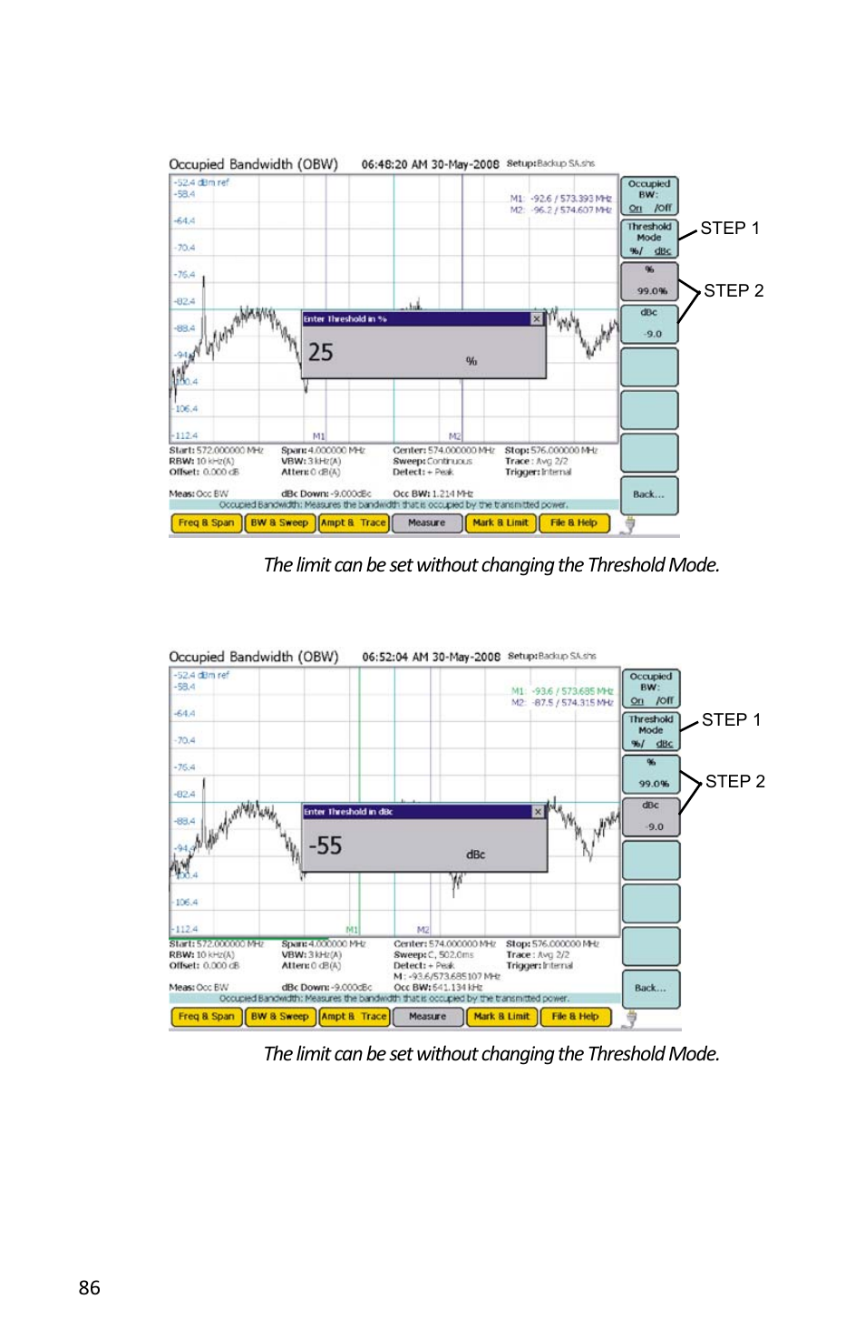 Figure 69 example, occupied bandwidth, Figure 70 example, occupied bandwidth - dbc | Bird Technologies SH-362S-Manual User Manual | Page 108 / 206