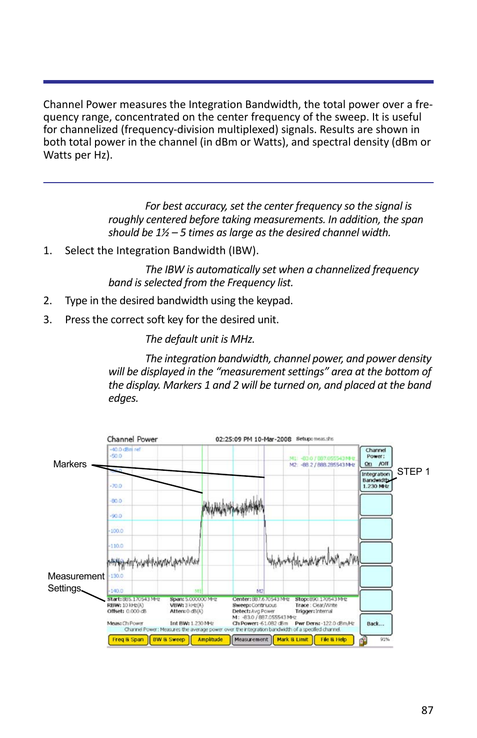 Channel power measurement, Setting channel power, Figure 71 example, channel power | Bird Technologies SH-362S-Manual User Manual | Page 109 / 206