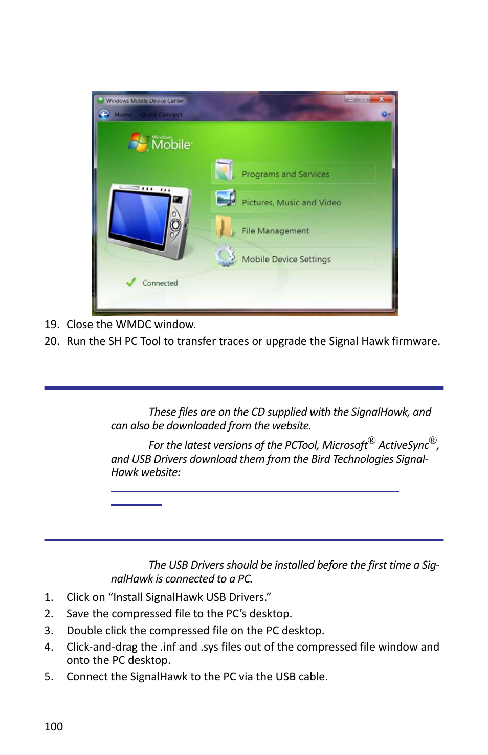 Figure 84 windows mobile device control screen, Downloading and installing software, Installing the signalhawk usb drivers | Installing the signalhawk usb drivers 1 | Bird Technologies SH-362S-Manual User Manual | Page 122 / 206