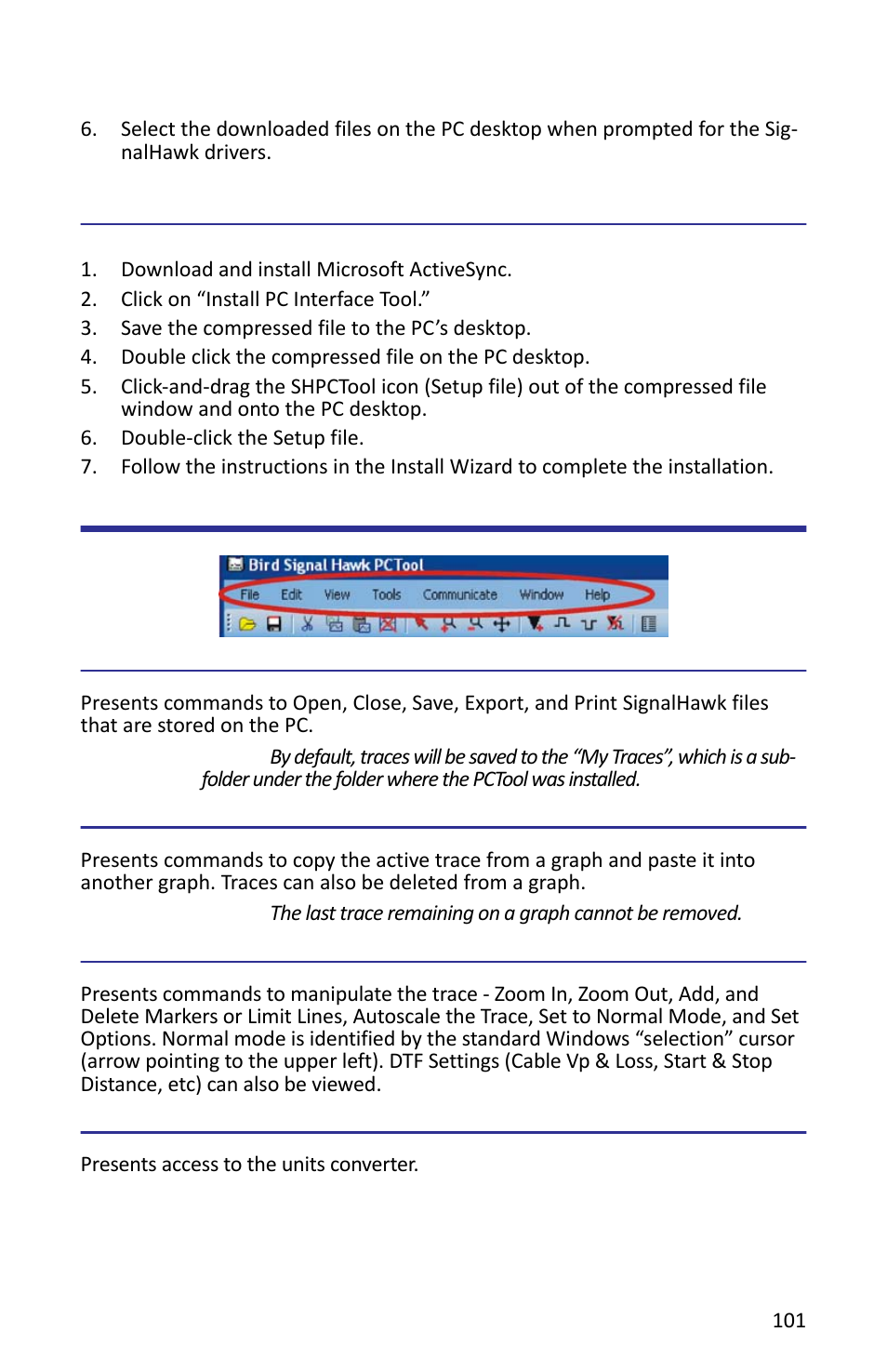 Installing the pc tool software, Menu bar, File | Edit, View, Tools, Figure 85 units converter, Edit view tools | Bird Technologies SH-362S-Manual User Manual | Page 123 / 206