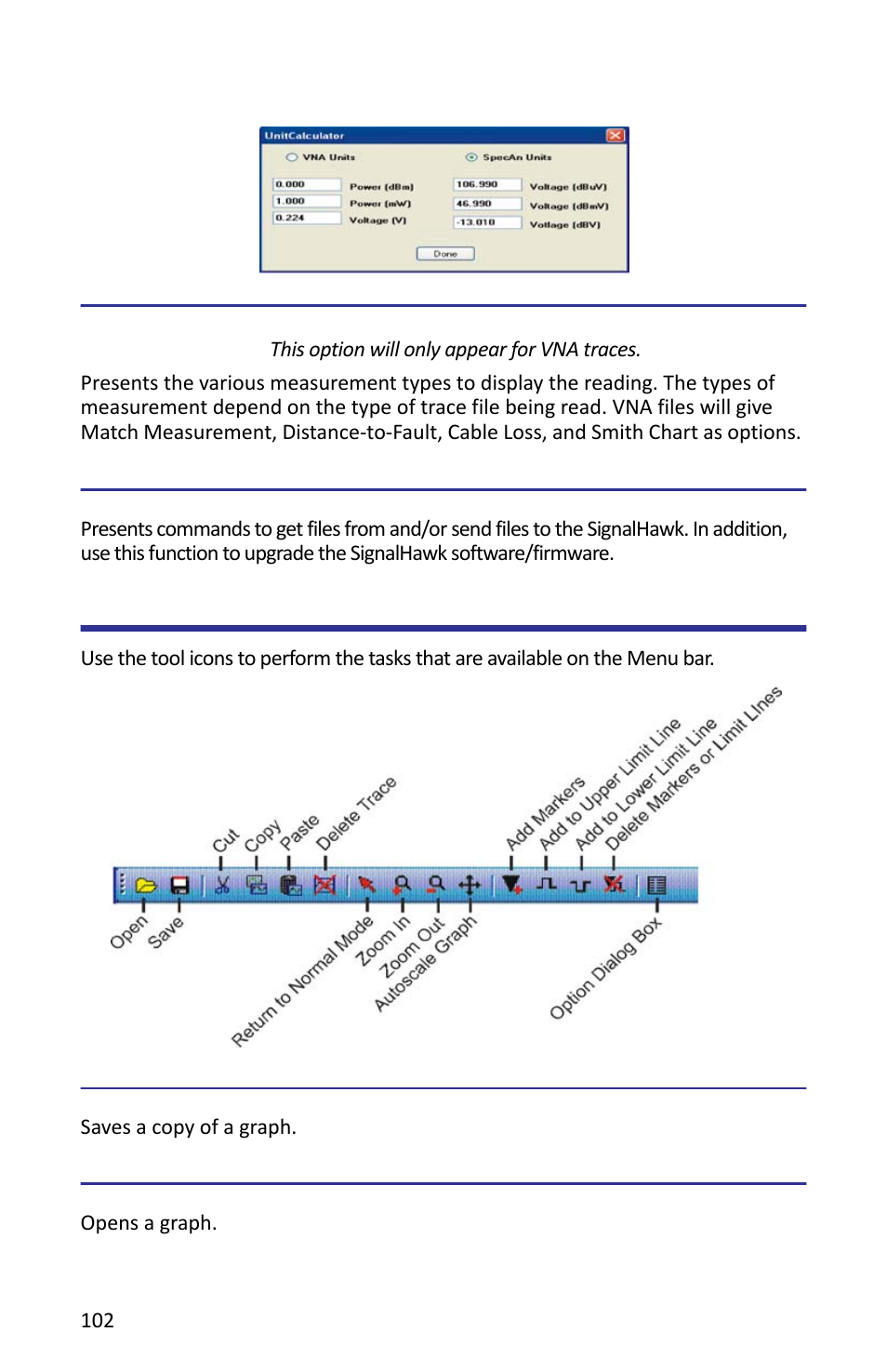 Measurements, Communicate, Tool bar | Save, Open, Measurements communicate, Save open | Bird Technologies SH-362S-Manual User Manual | Page 124 / 206