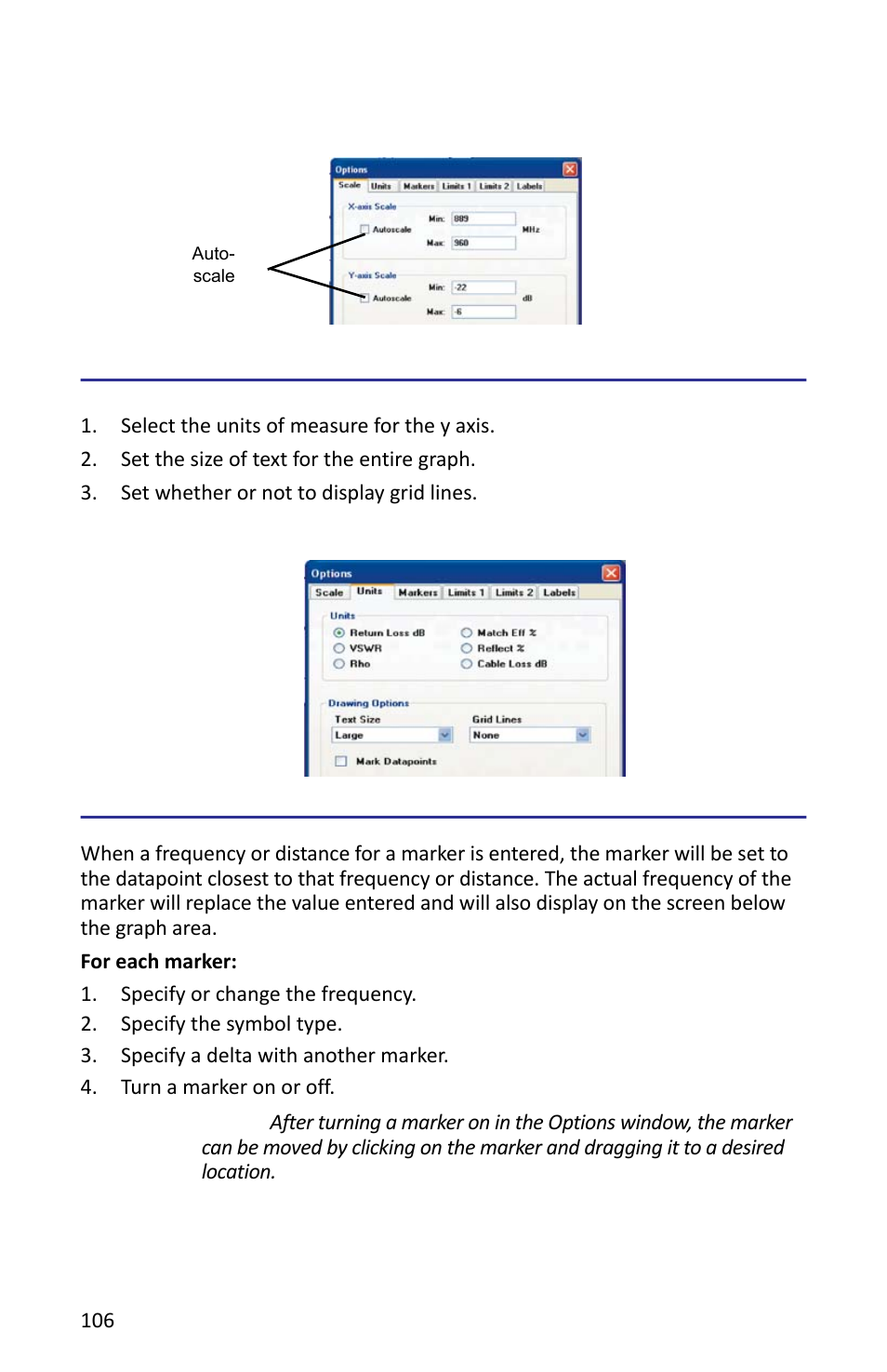 Figure 87 example, scale tab, Units tab, Figure 88 example, units tab | Markers tab, Units tab markers tab | Bird Technologies SH-362S-Manual User Manual | Page 128 / 206