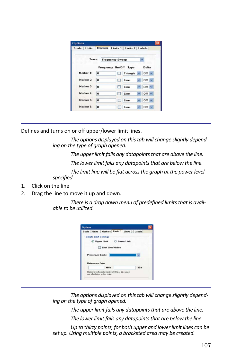 Figure 89 example, markers tab, Limits 1 tab, Figure 90 example, limits 1 tab | Limits 2 tab, Limits 1 tab limits 2 tab | Bird Technologies SH-362S-Manual User Manual | Page 129 / 206