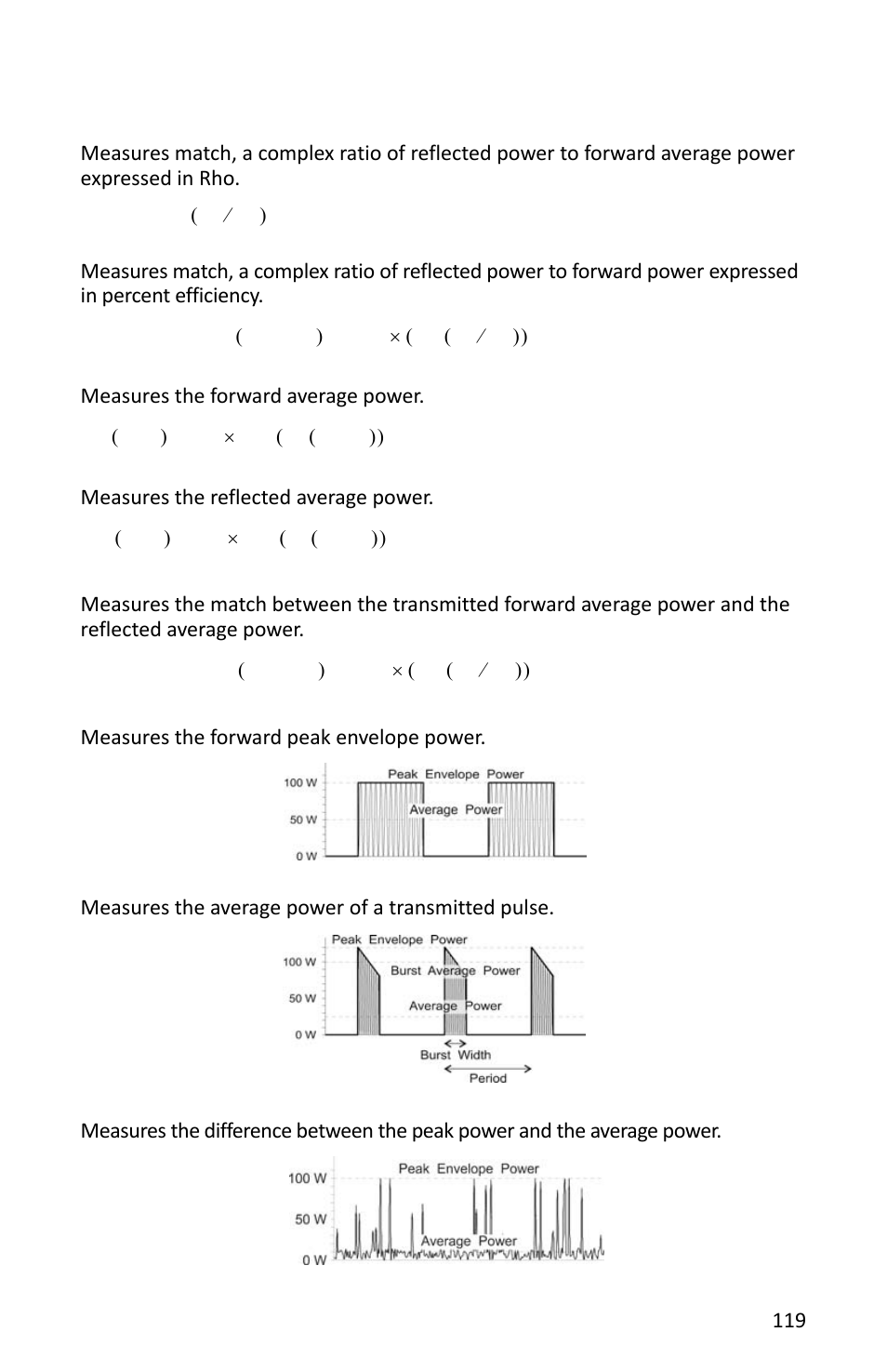 Match: rho, Match efficiency, Forward average | Reflected average, Match, Forward peak, Forward burst, Crest factor | Bird Technologies SH-362S-Manual User Manual | Page 141 / 206