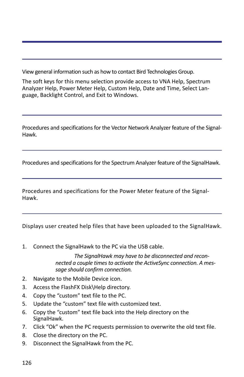 Utility main menu, Version info, Vna help | Spectrum analyzer help, Power meter help, Custom help, Installing custom help files | Bird Technologies SH-362S-Manual User Manual | Page 148 / 206