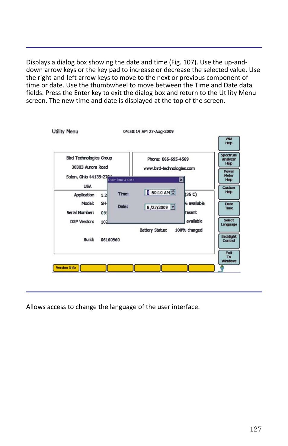 Date time, Figure 107 utility, set time and date, Select language | Date time select language | Bird Technologies SH-362S-Manual User Manual | Page 149 / 206