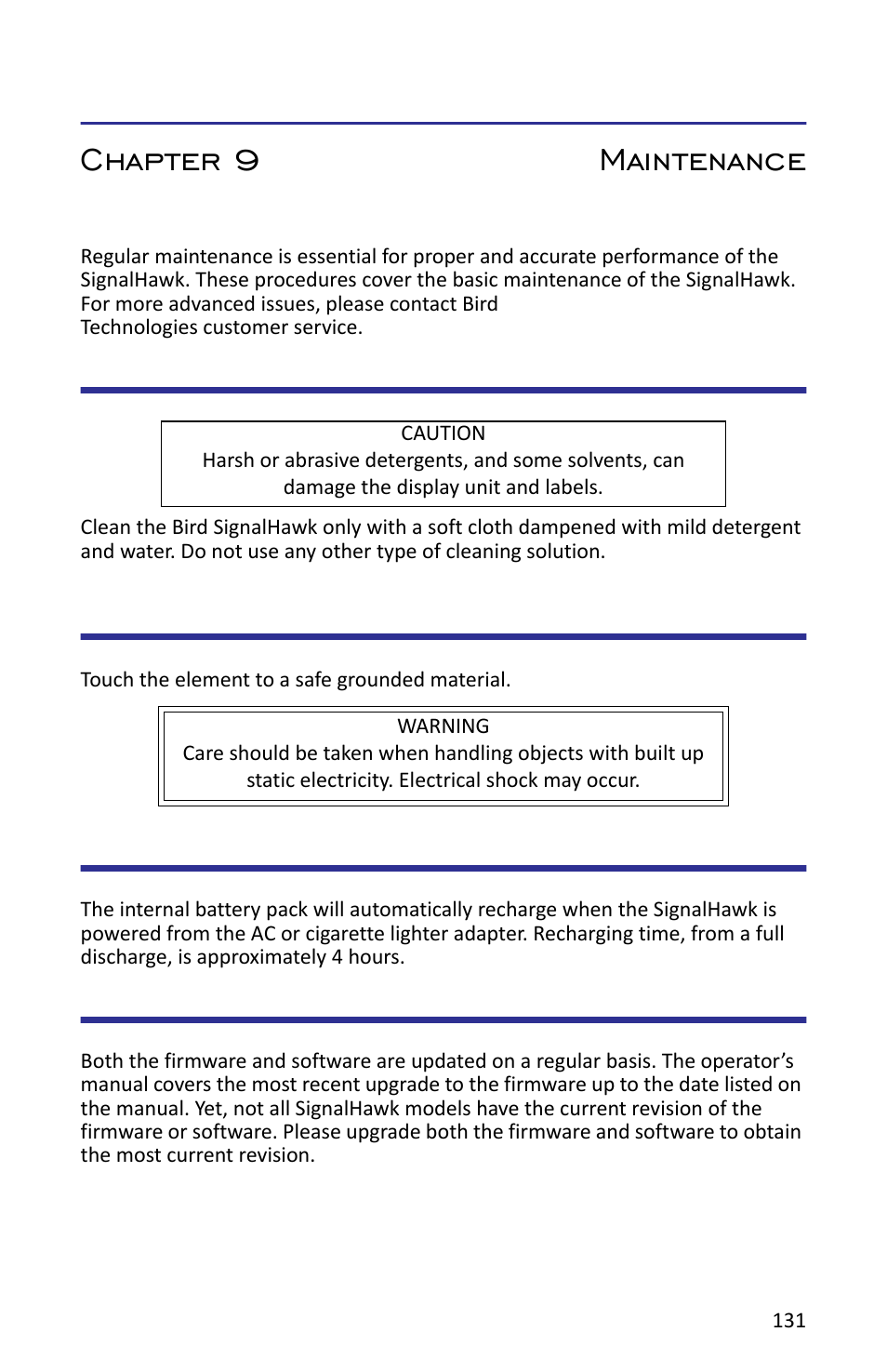 Chapter 9 maintenance, Cleaning, Discharging static electricity | Charging the battery, Upgrading the software/firmware, Onnecting. see | Bird Technologies SH-362S-Manual User Manual | Page 153 / 206