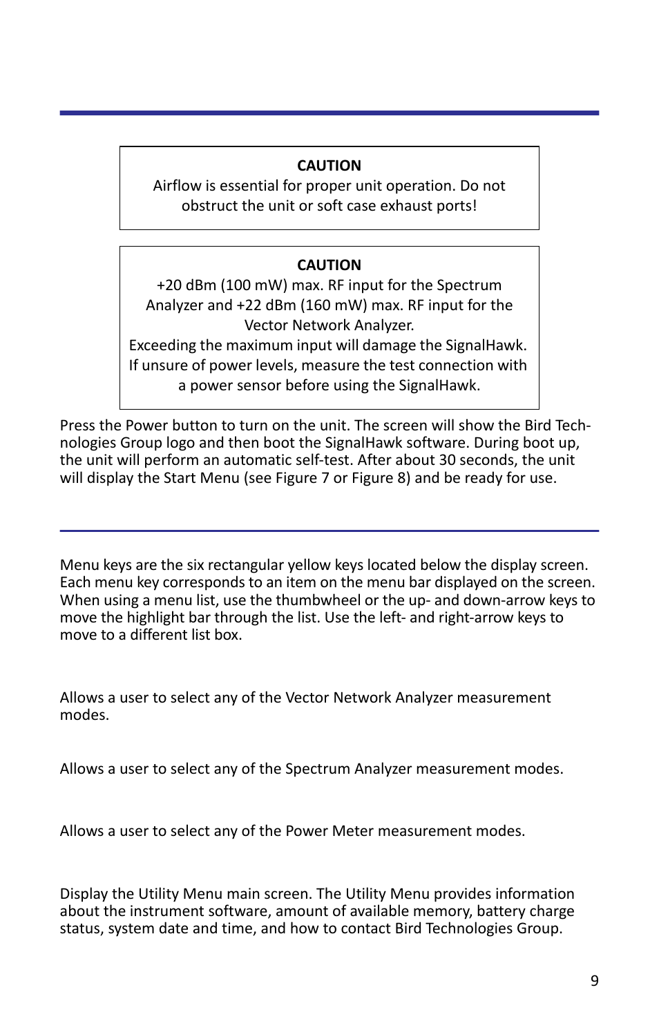 Getting started with the signalhawk, Start menu, menu keys, Vn analysis | Spec analysis menu key, Power meter menu key, Utilities menu key | Bird Technologies SH-362S-Manual User Manual | Page 31 / 206