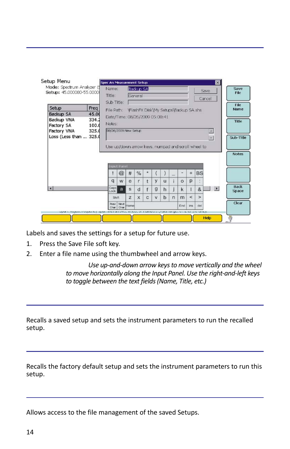 Label & save setup, Figure 10 setup menu - save, Recall setup | Recall default setup, Manage setup files | Bird Technologies SH-362S-Manual User Manual | Page 36 / 206