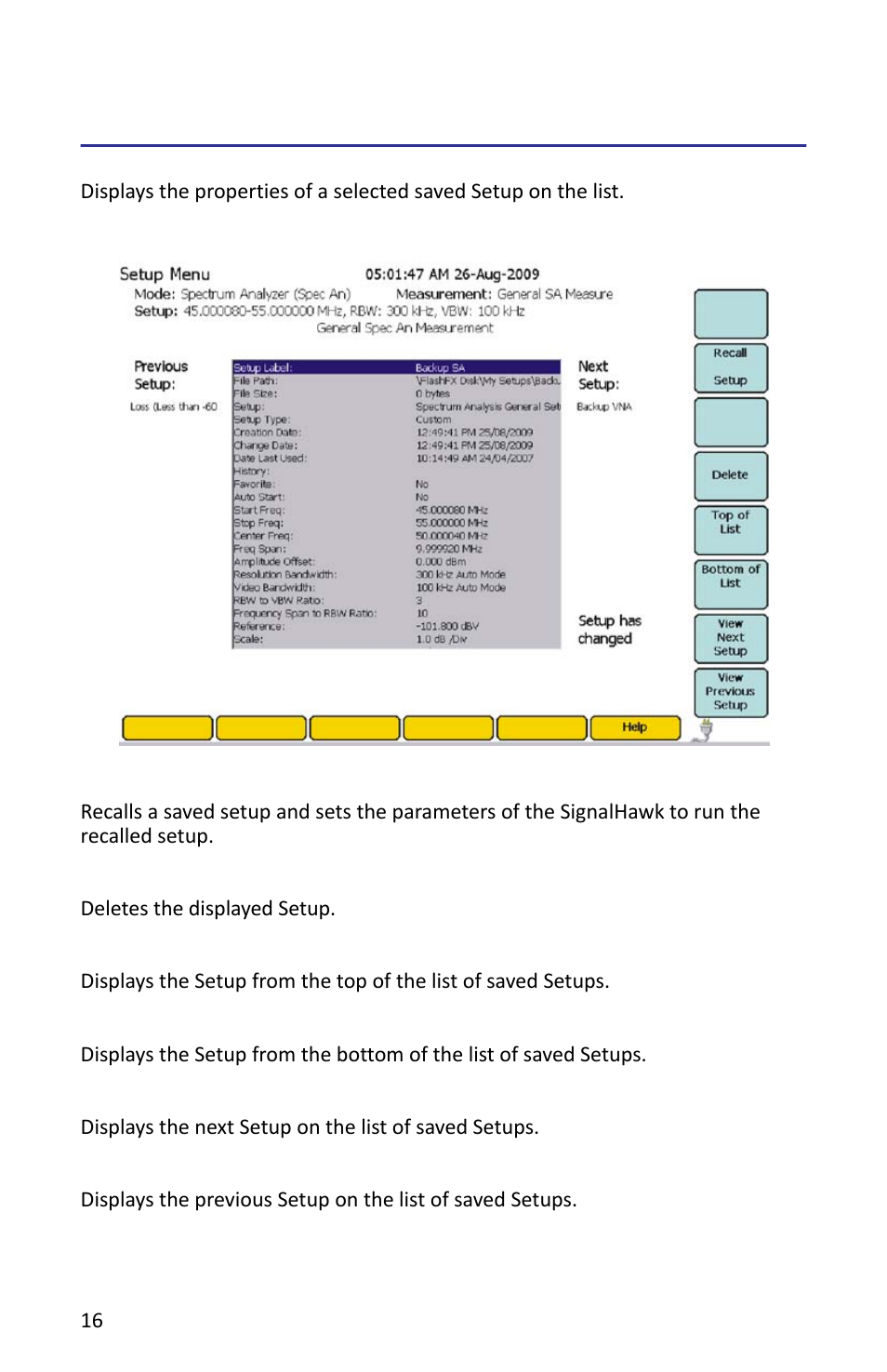 View setup, Figure 12 setup - view setup, Recall setup | Delete, Top of the list, Bottom of the list, View next setup, View previous setup | Bird Technologies SH-362S-Manual User Manual | Page 38 / 206